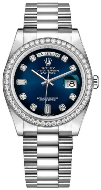 replique Montre Femme Rolex Day-Date 36 Cadran Bleu Lunette Diamant 128349RBR