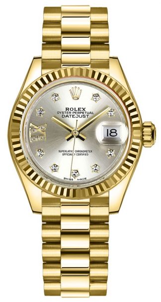 replique Montre Femme Rolex Lady-Datejust 28 Cadran Argenté Or Jaune 279178
