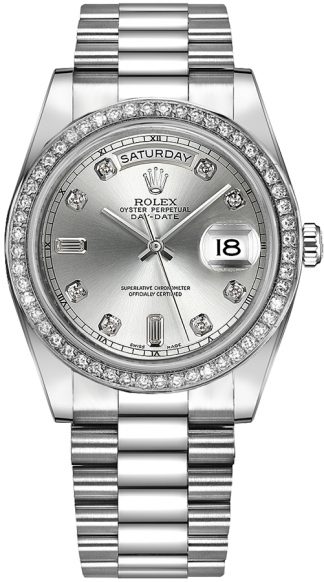 replique Montre Rolex Day-Date 41 Silver Diamond pour homme en or 218349
