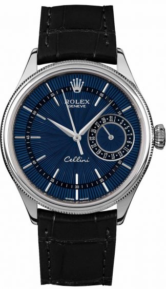replique Rolex Cellini Date Blue Dial Black Leather Strap Men's Watch 50519