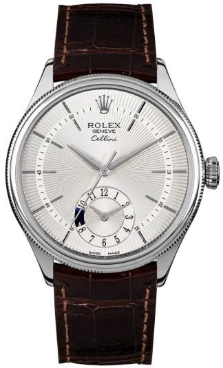 replique Rolex Cellini Dual Time Silver Dial Brown Strap Men's Watch 50529