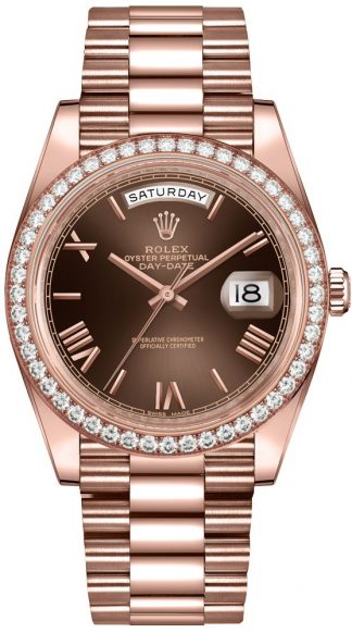 replique Rolex Day-Date 40 cadran chocolat Diamond Bezel Montre homme 228345RBR