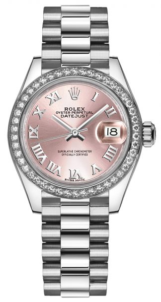replique Rolex Lady-Datejust 28 Rose Diamond Numeral Platinum Diamond Watch 279136RBR